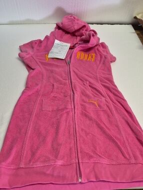 Puma Pink Hooded Terry Zip-Up Short Sleeve Dress Top with Yellow Logo Y2K